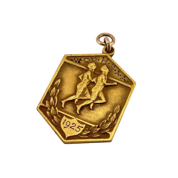 Antique 1925 W.C.P.I.S.A.A. Pentagonal Sports Medal Gold Plated Pendant - Picture 6 of 7